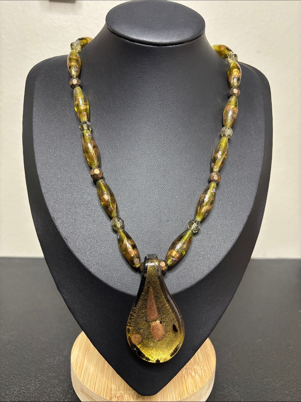 Vintage Dichroic Olive & Gold Teardrop Glass Pendant Necklace